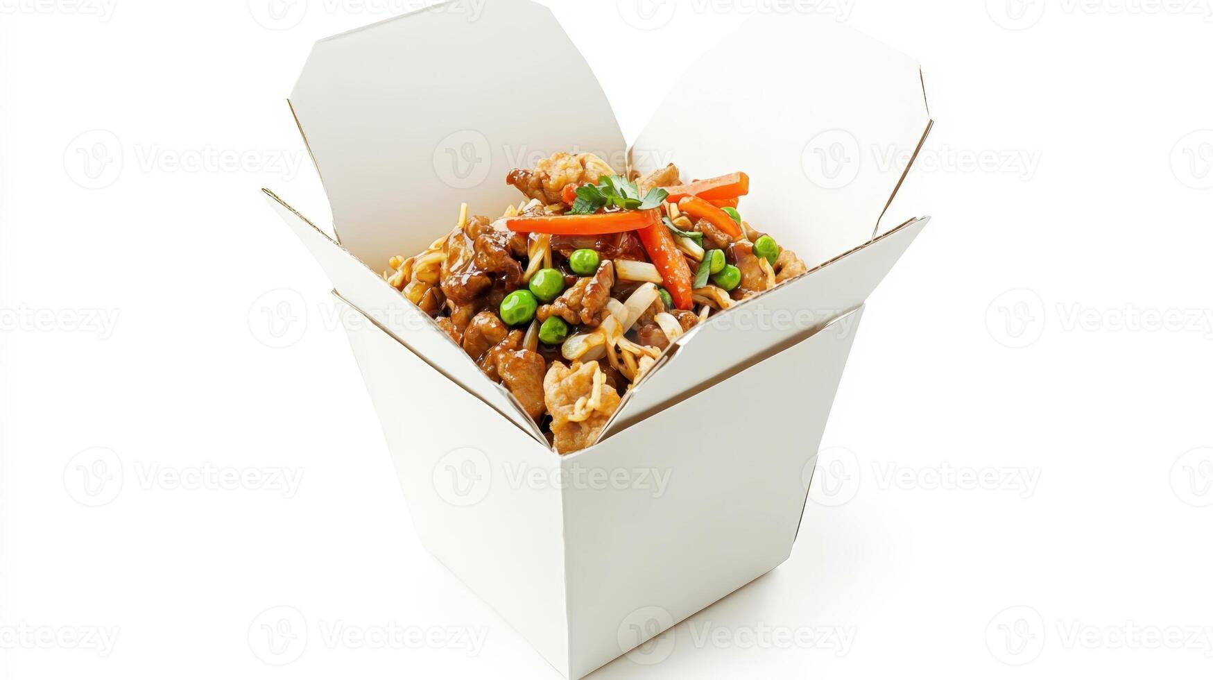 Delicious stir-fried chicken and vegetables served in a classic white takeout container on a clean background photo