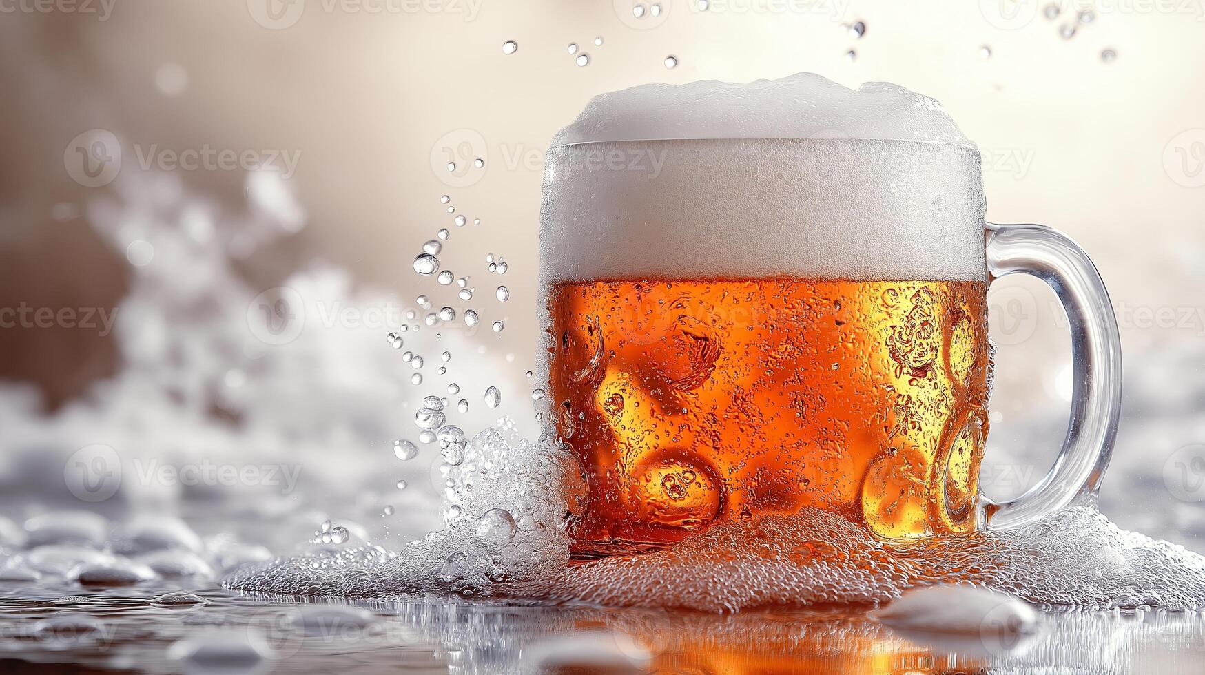 Frothy beer mug overflowing with festive snow-like foam. Christmas and winter celebration concept photo