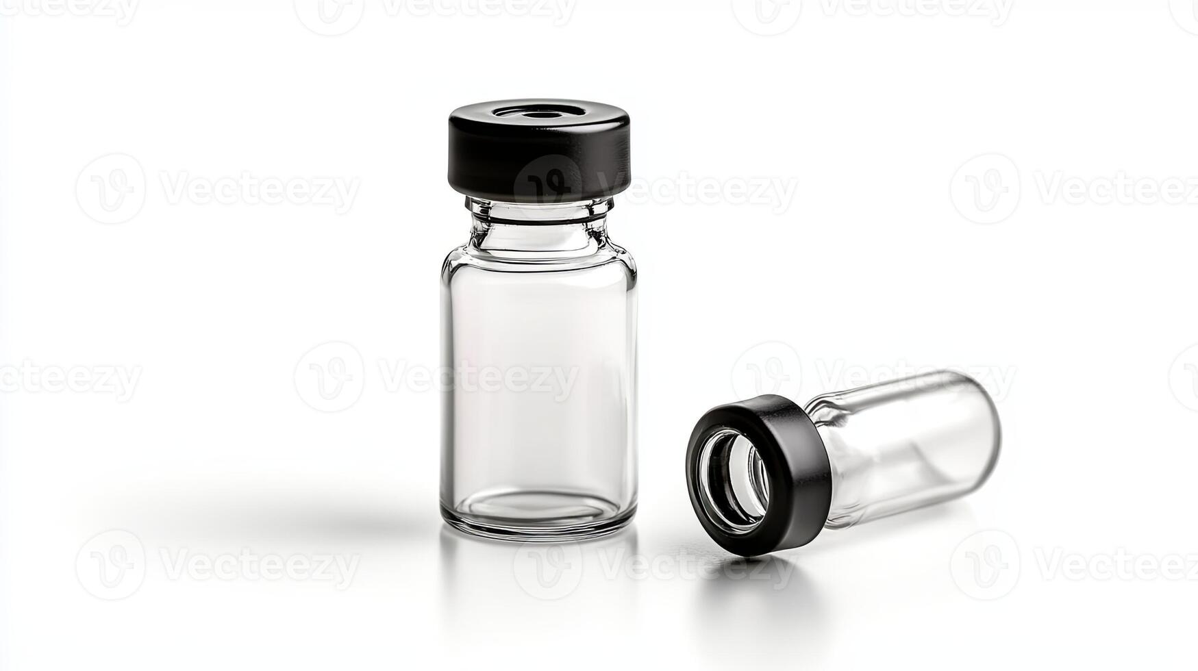 Two glass vials with black lids photo