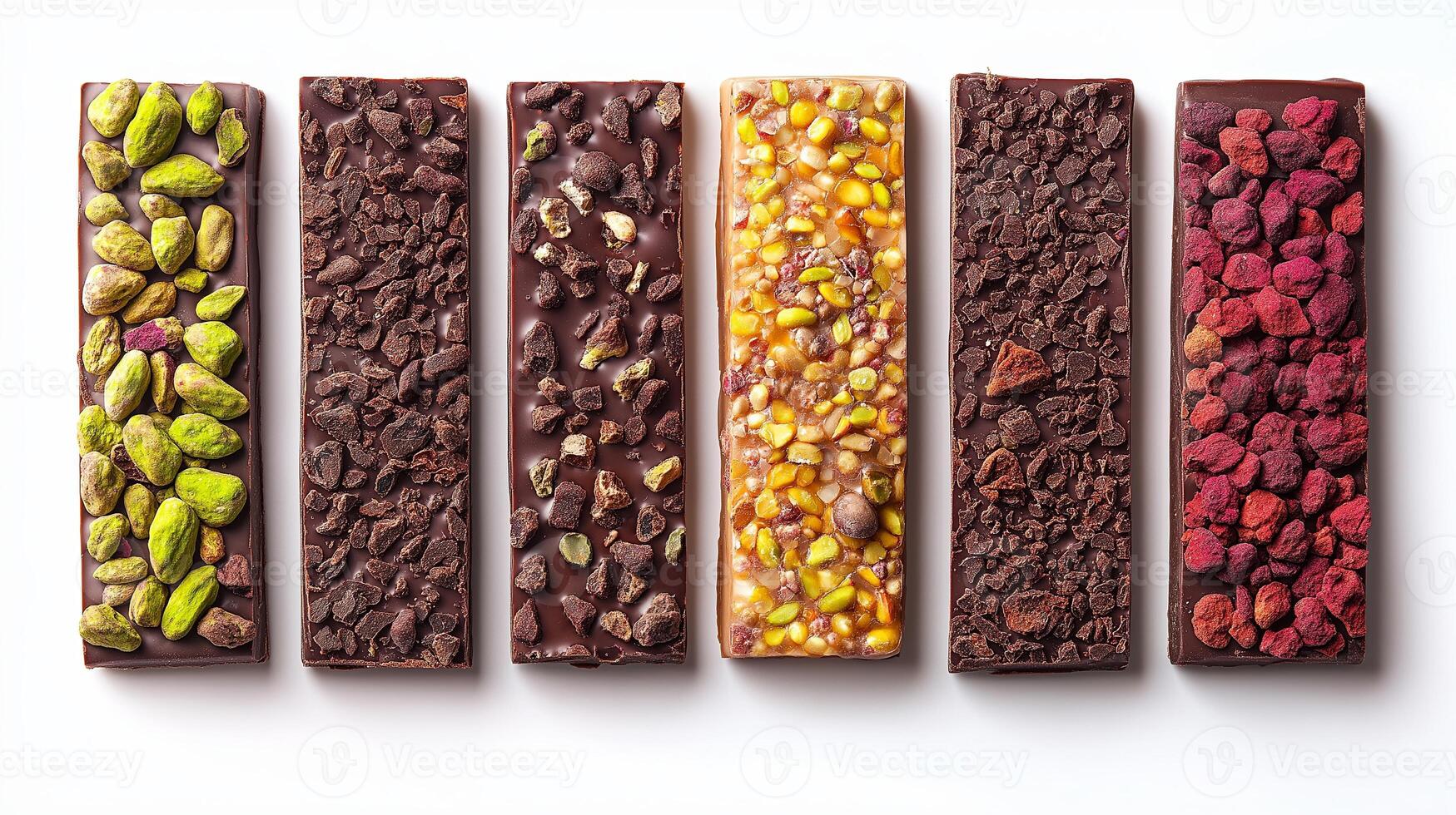 Assortment of gourmet chocolate bars topped with pistachios, berries, and nuts on a white background. Valentines Day photo