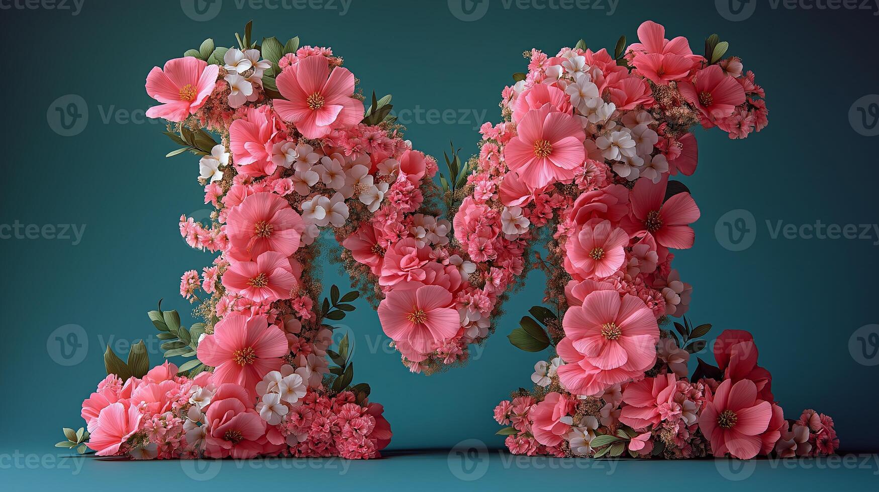 Floral alphabet letter M created with pink roses and delicate greenery. Valentines Day and romantic design concept. photo