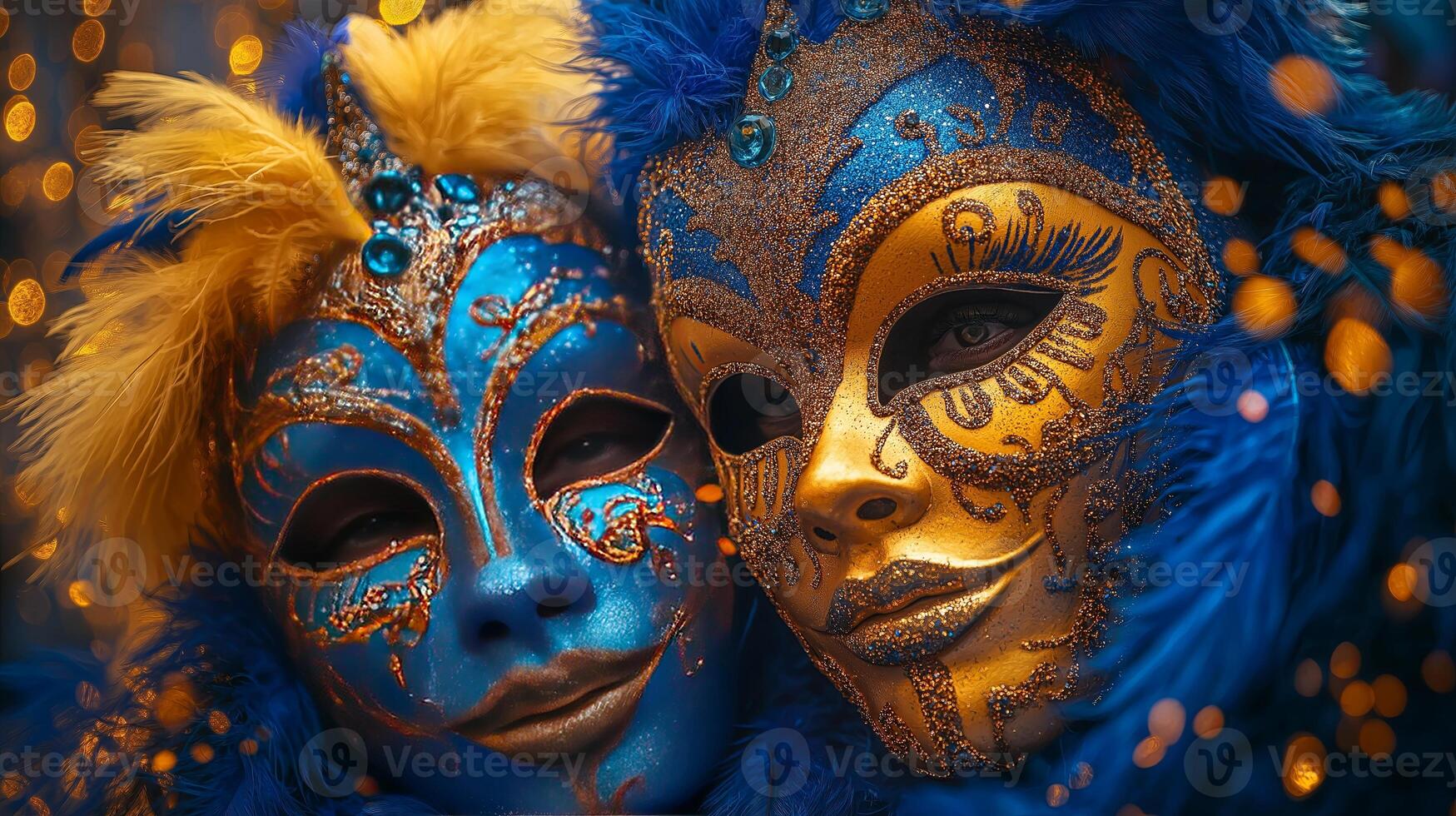 Elegant blue and gold Mardi Gras masks with intricate details and sparkling accents. photo