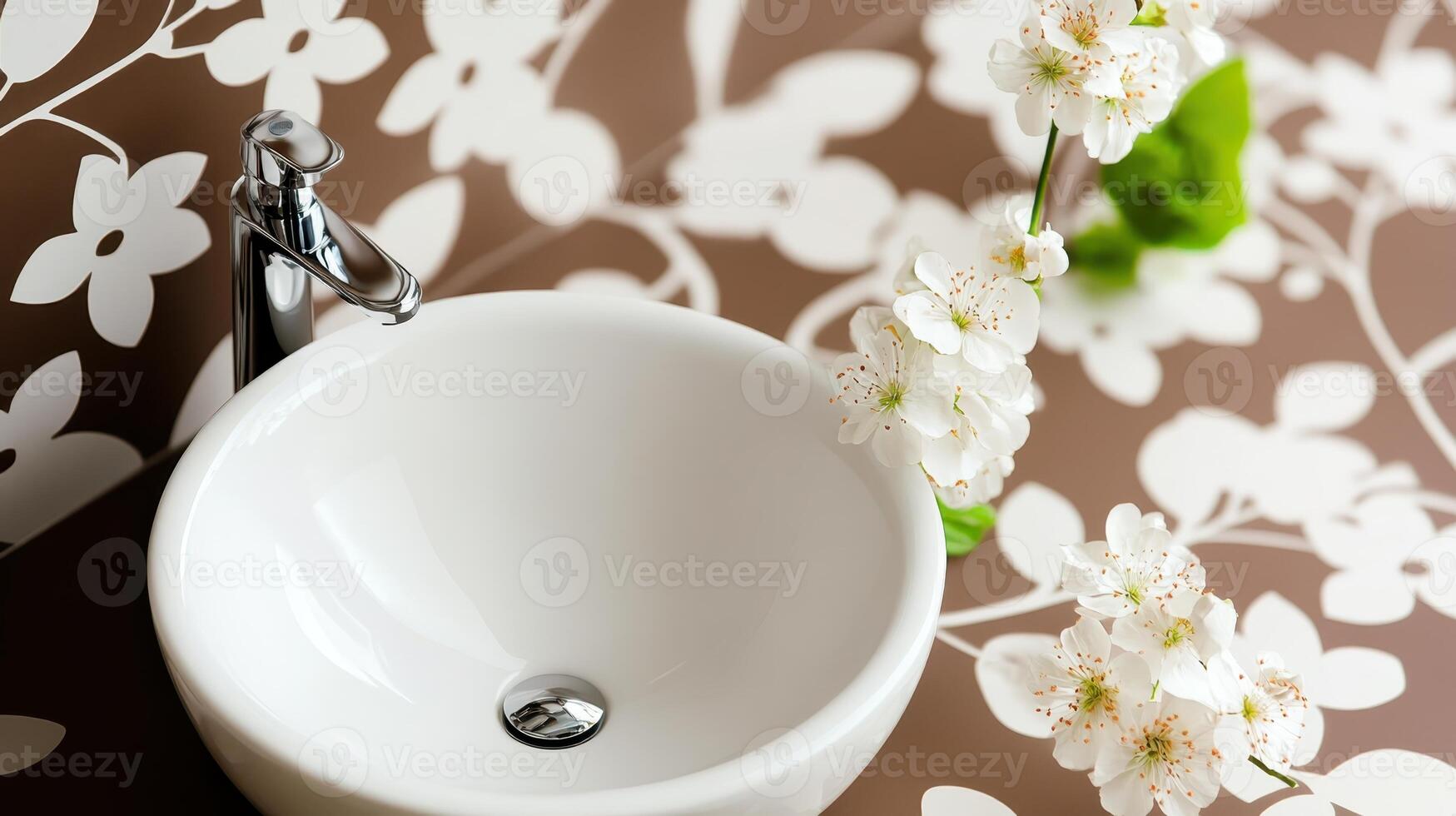 A white bowl sitting on a brown and white tile floor photo