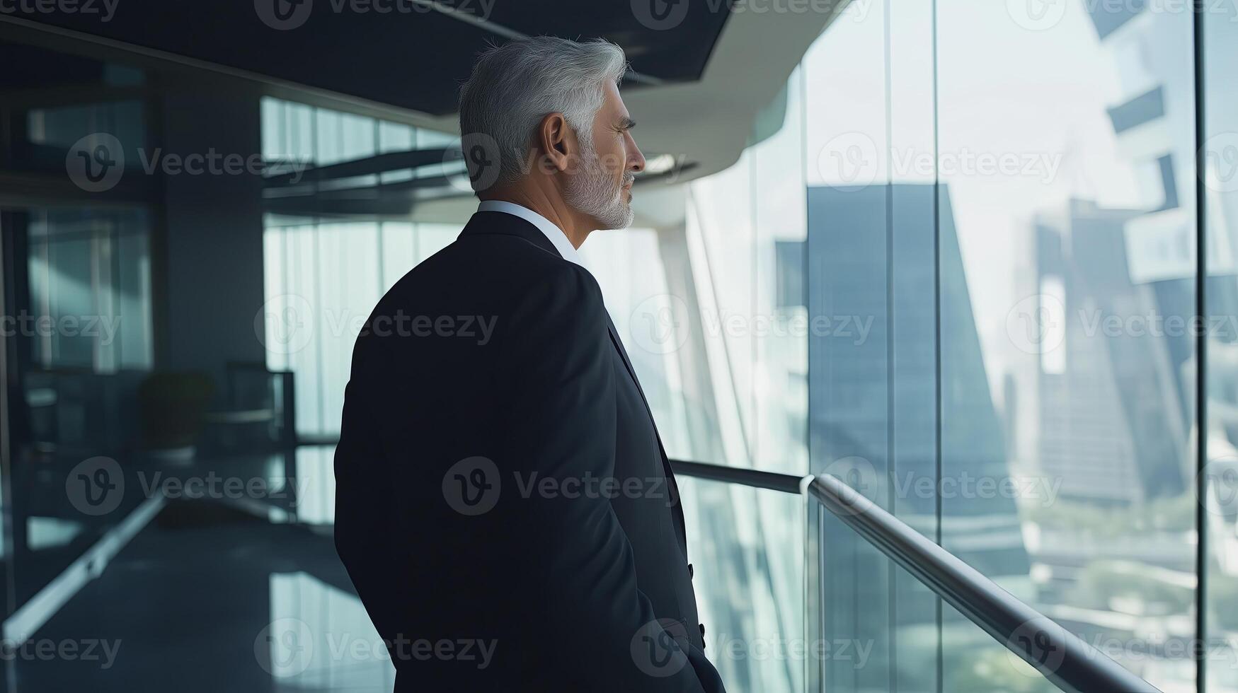 Rear view of businessman looking out of window at cityscape photo