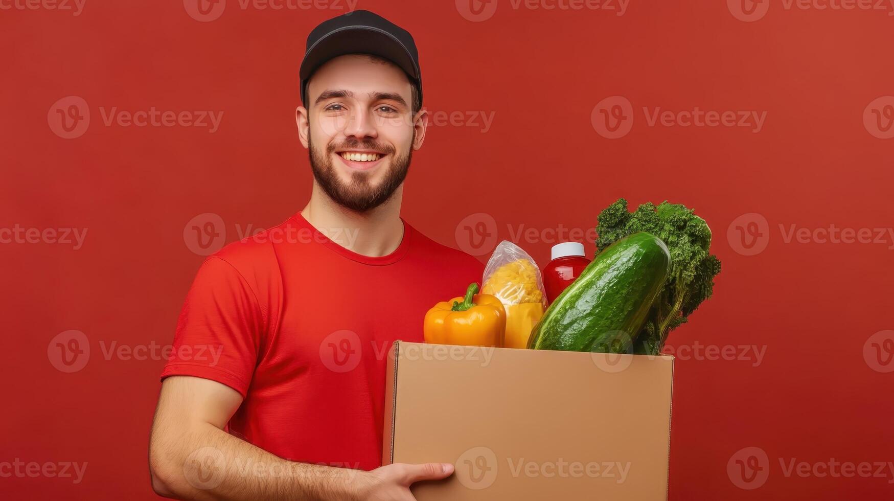 Delivery man holding box with vegetables and fruits photo