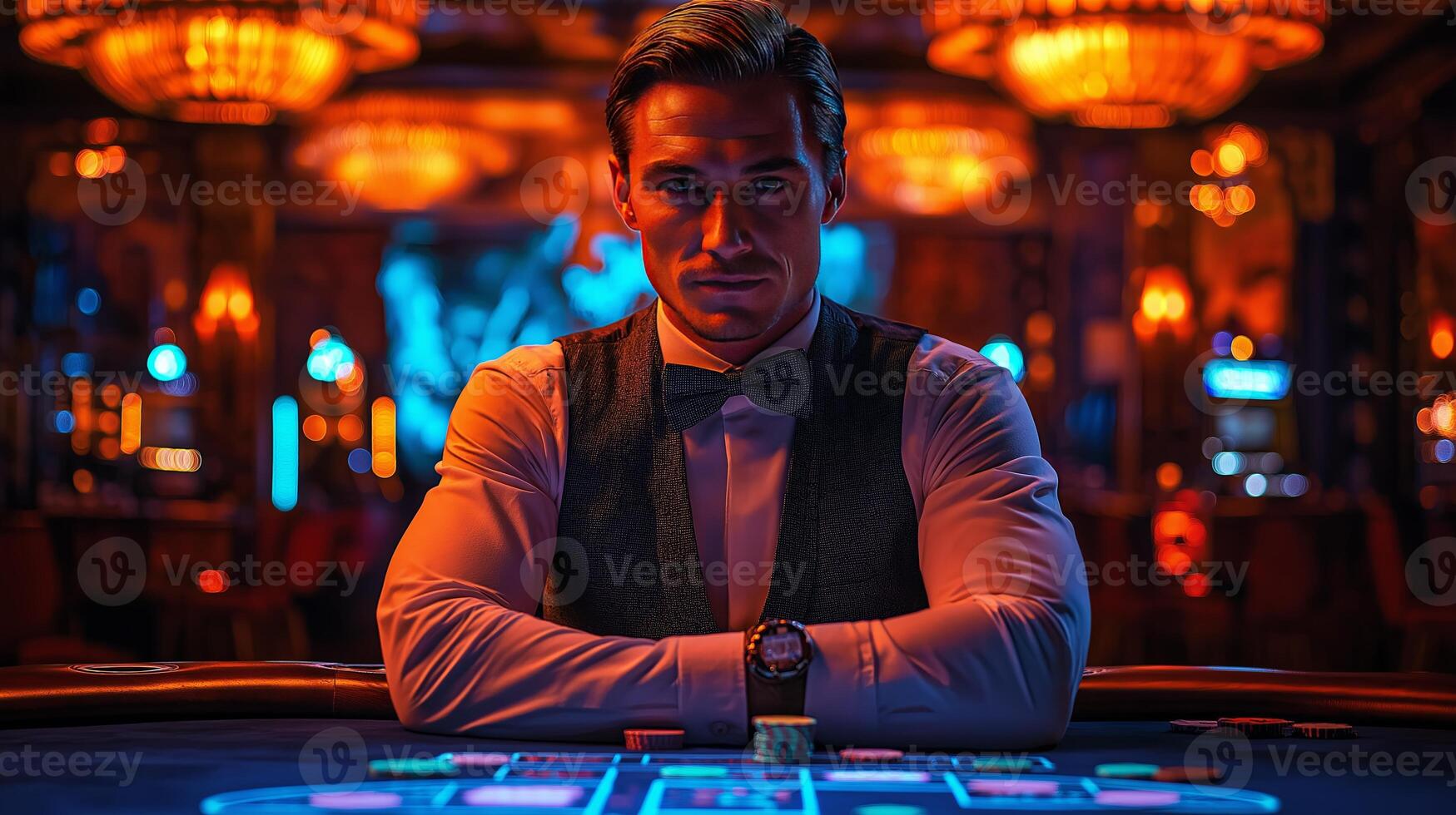 A man in a suit sitting at a table with a casino chip photo