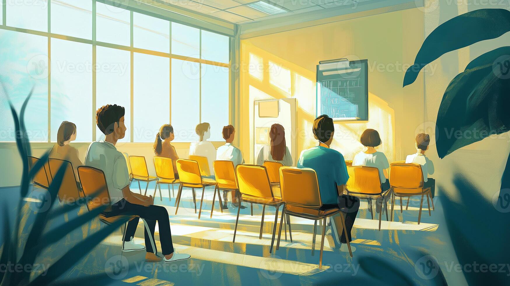 Students attending a seminar in a bright classroom with sunlight streaming through windows. photo