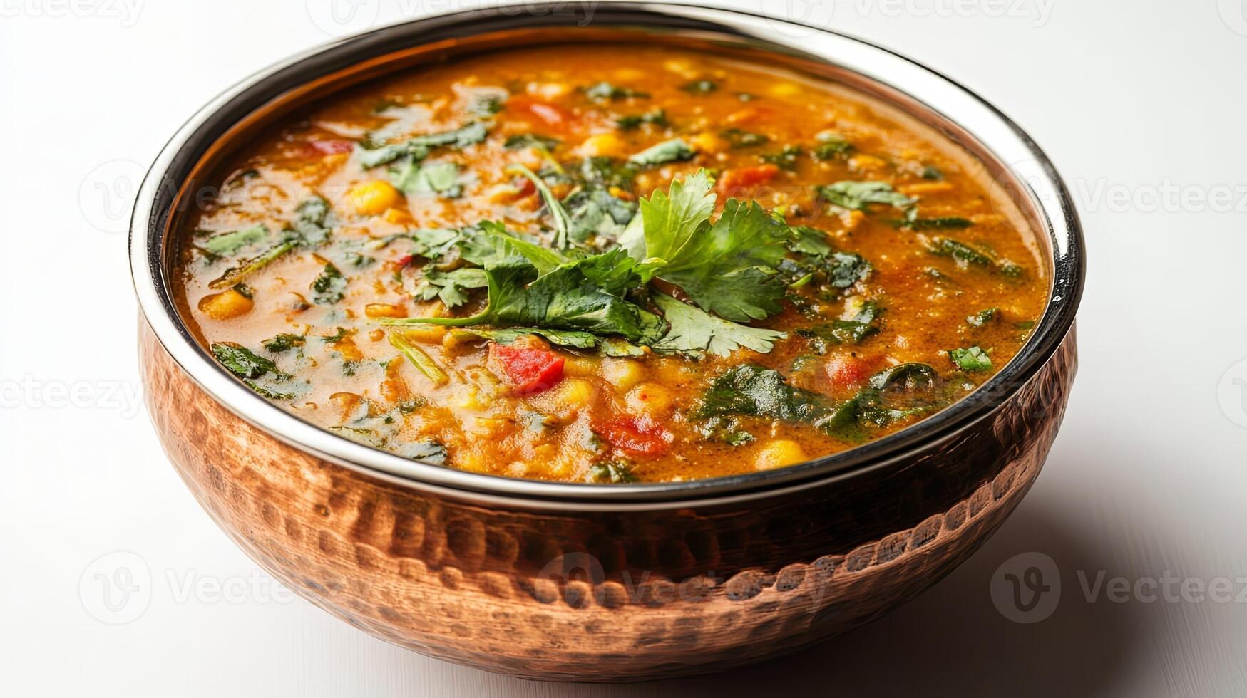 A copper bowl filled with a spicy vegetable curry photo