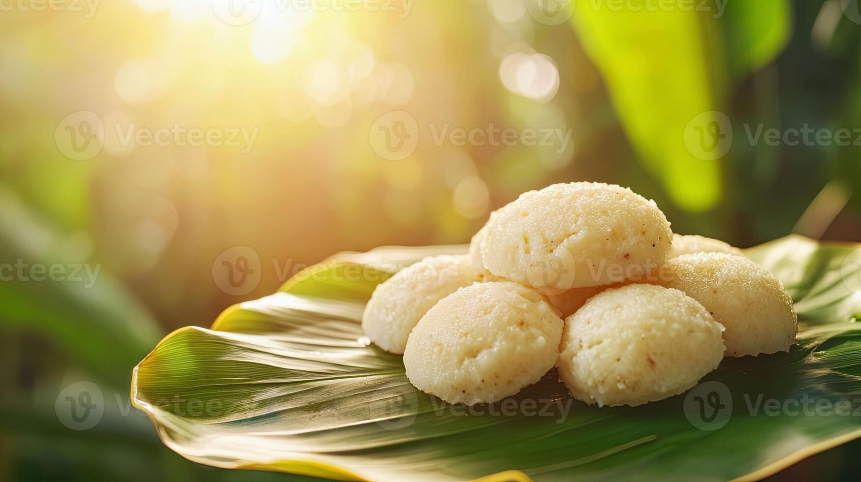 Rice balls on a banana leaf with sunlight photo