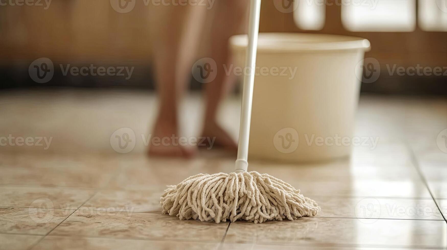 A woman is standing on a tile floor with a mop photo