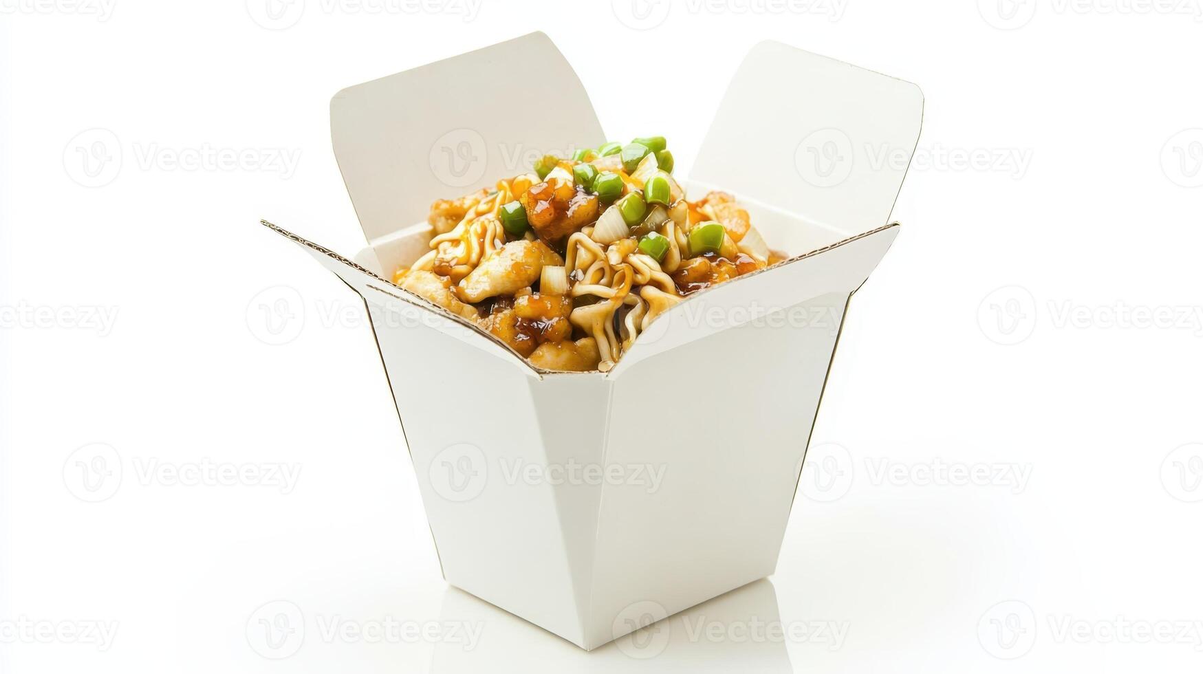 Delicious takeaway noodles with chicken and vegetables in a white box ready to enjoy for a quick meal photo