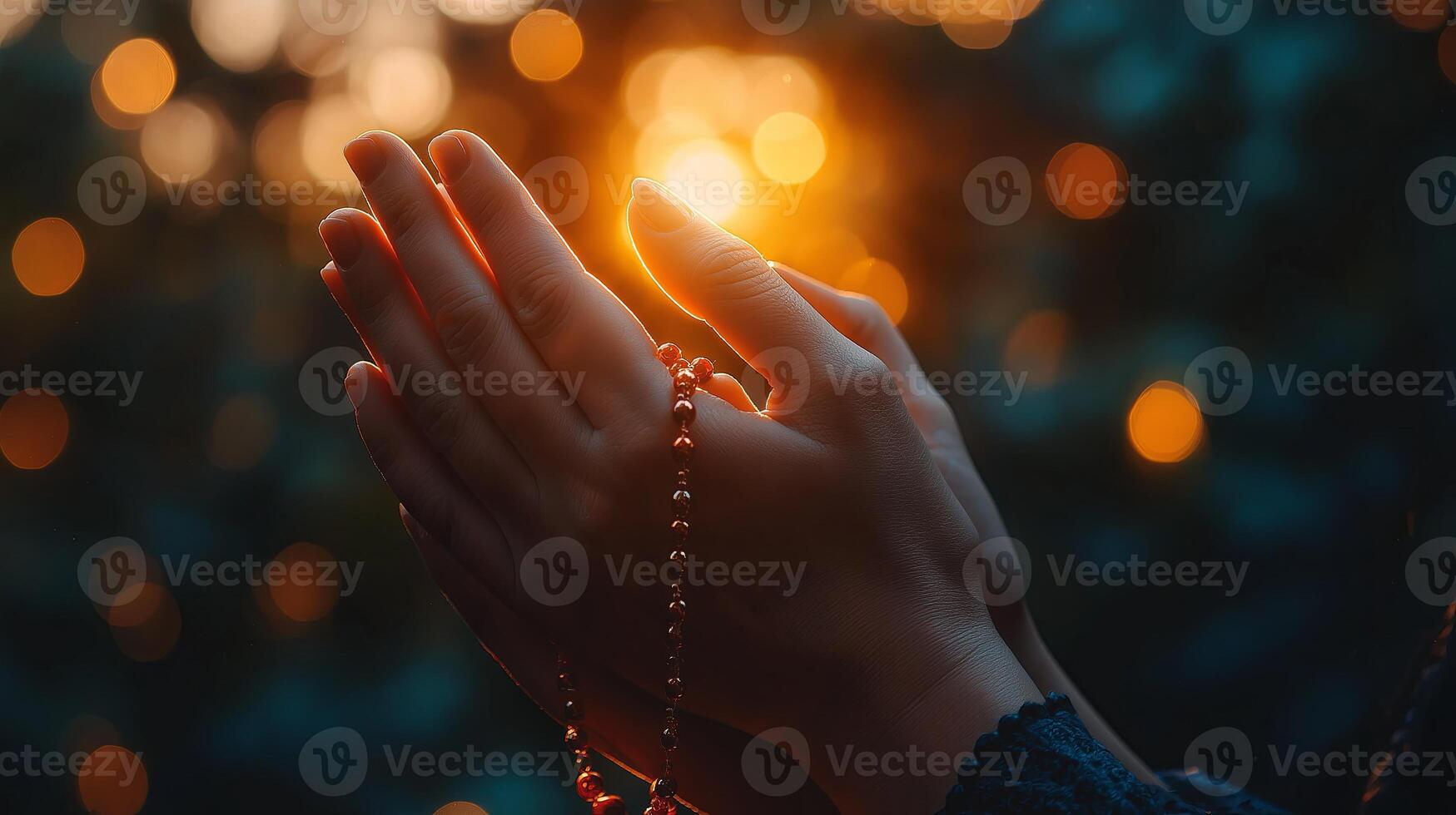 Hands in prayer holding rosary beads with soft glowing light, symbolizing devotion and faith during sacred rituals. photo