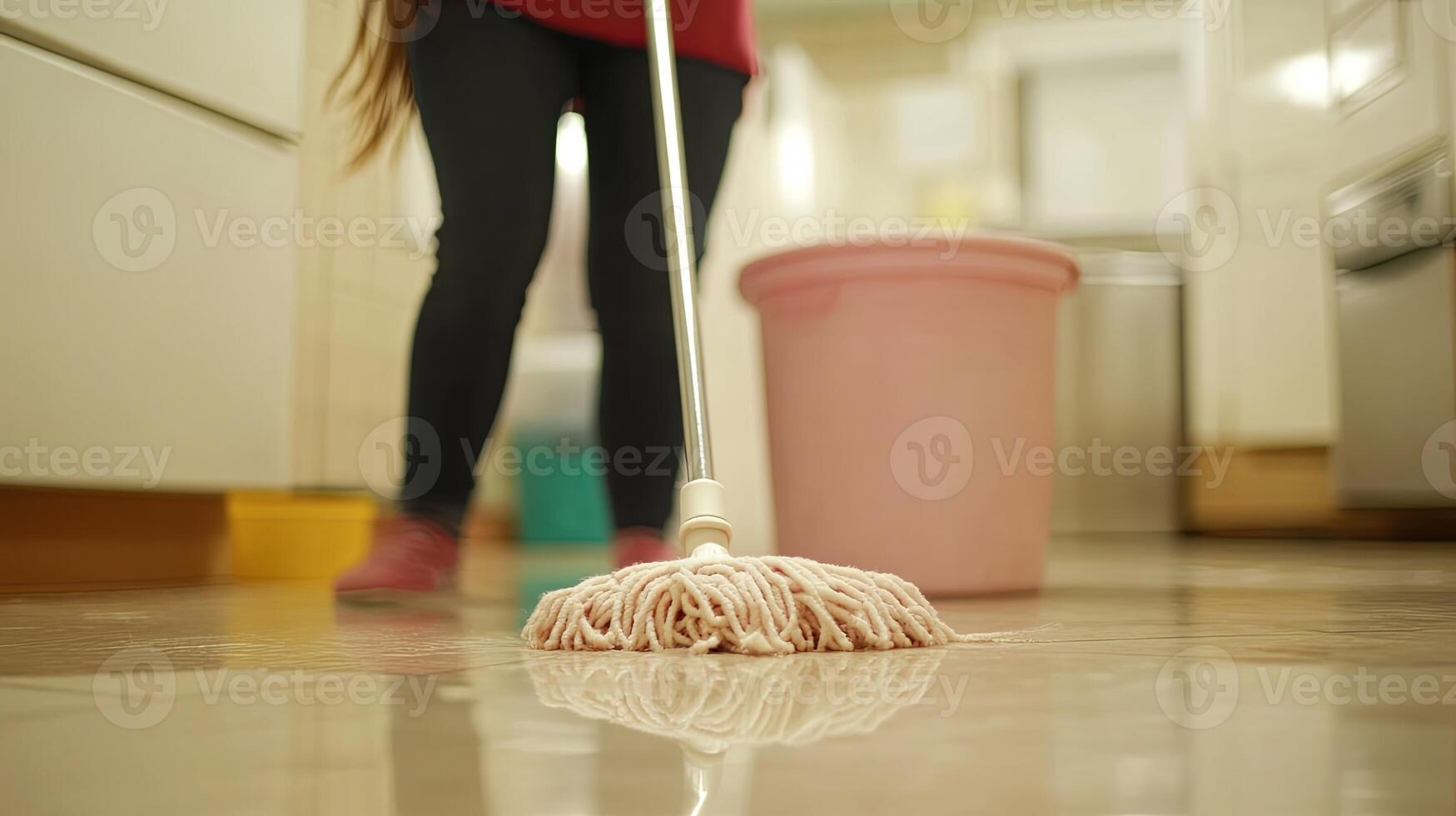A woman is cleaning the floor with a mop photo