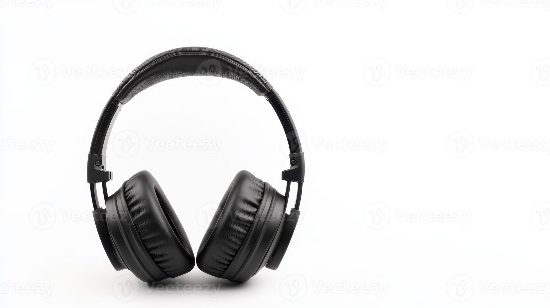 High-quality black headphones viewed from the front against a plain white background, emphasizing design and audio features in a minimalist setting photo