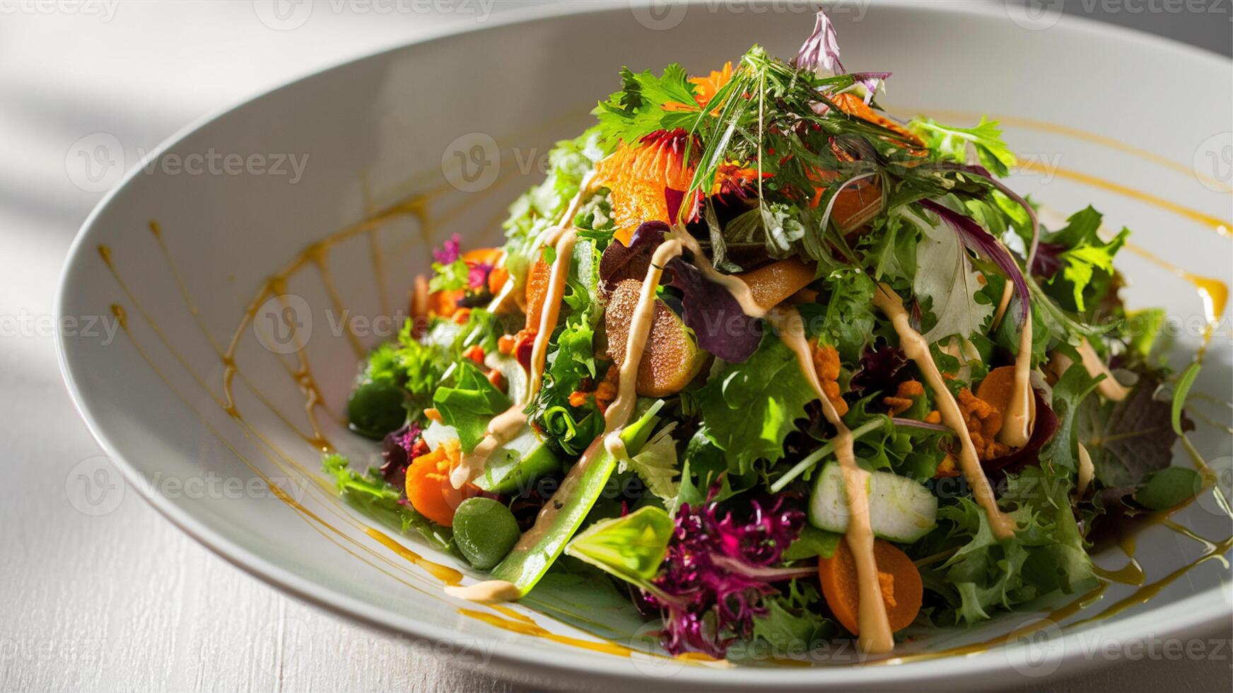 A salad with carrots, greens and dressing in a white bowl photo