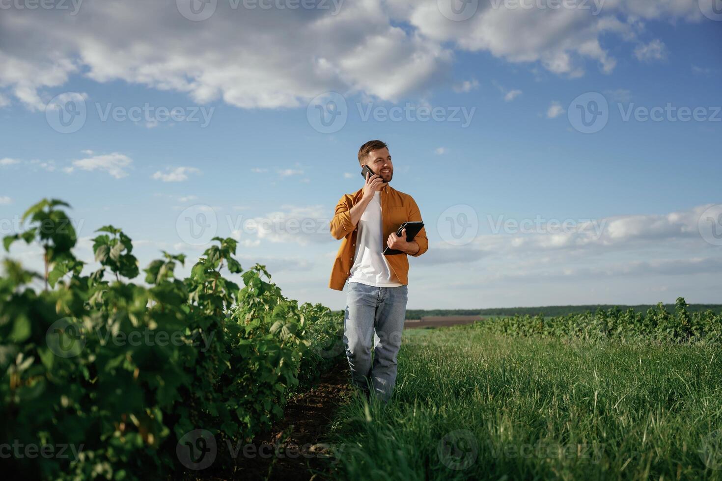 Talking by,, phone, holding notepad. Handsome man is on the agricultural field at daytime photo