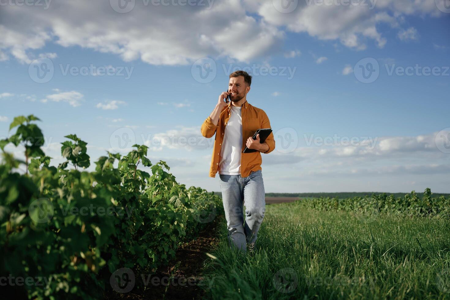Talking, by phone, holding notepad. Handsome man is on the agricultural field at daytime photo