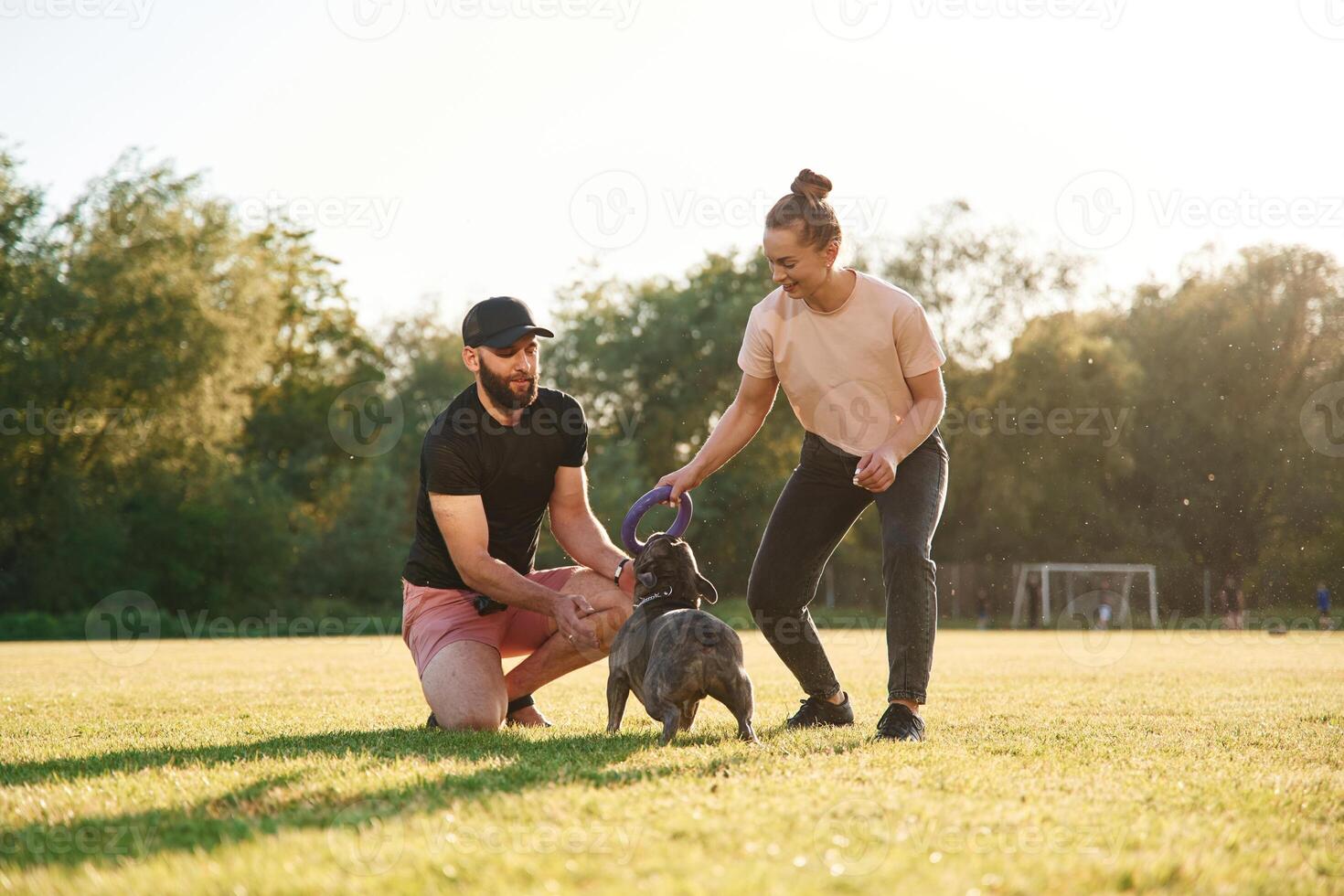 Active time spending, with rubber toy... Man and woman are with dog on the field photo