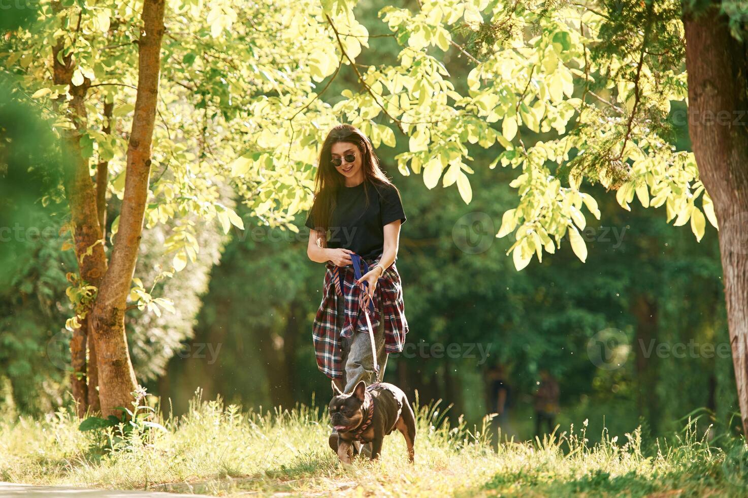Under, the bright sunlight. Young pretty woman is with her dog in the park photo