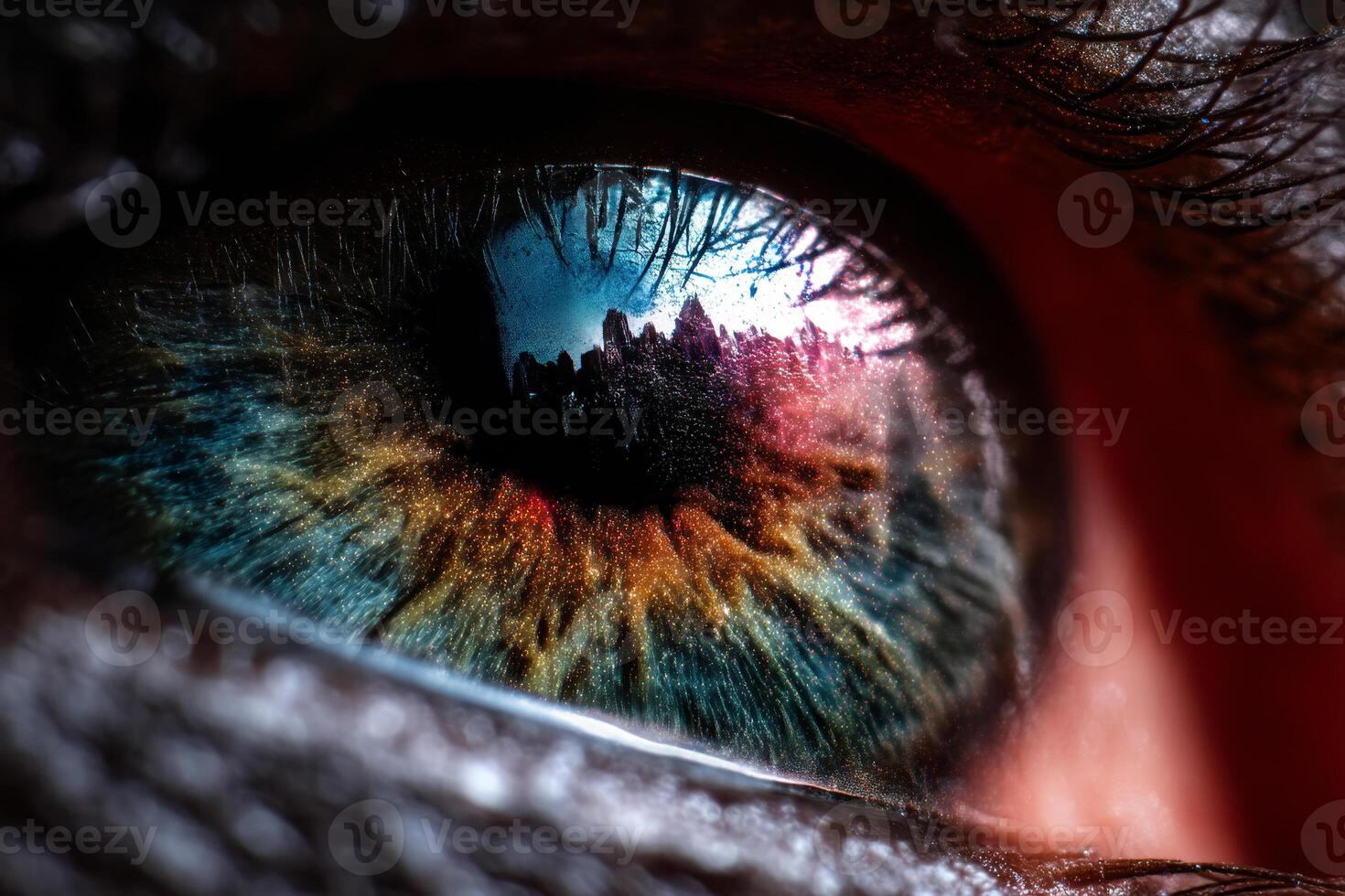 Cityscape reflection in reptilian eye photo