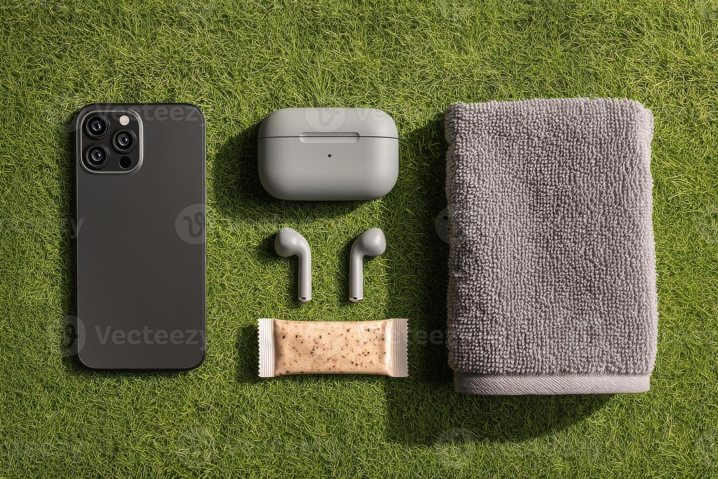 Top view of fitness accessories on grass. Sports gear for training photo