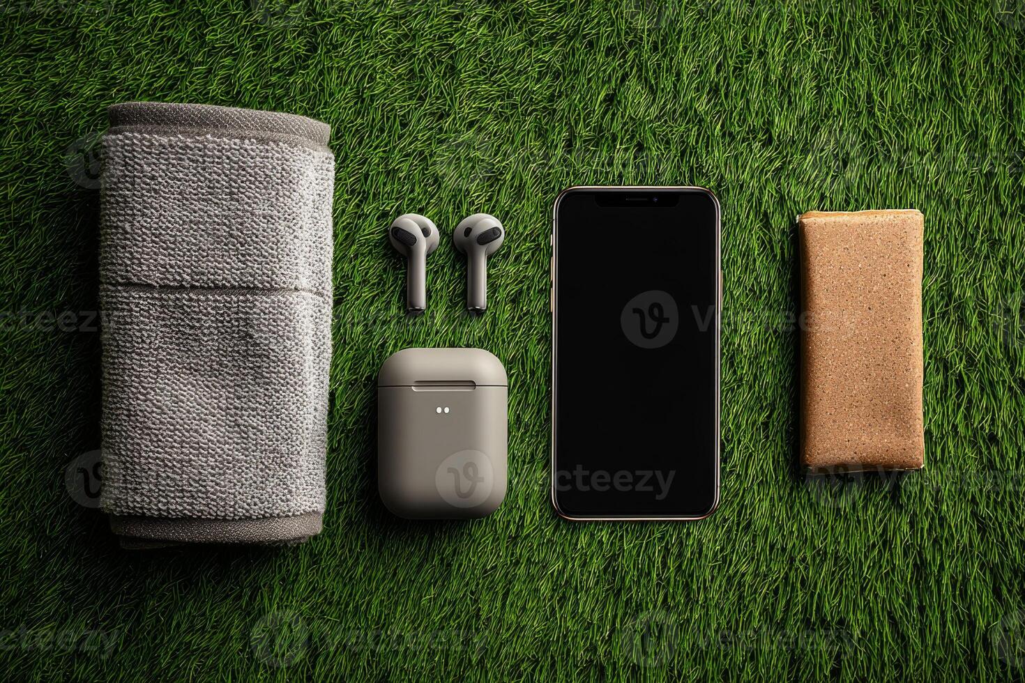 Fitness accessories on grass. Sports gear for training photo