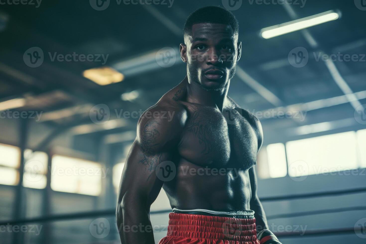 Portrait of professional boxer in training gym photo
