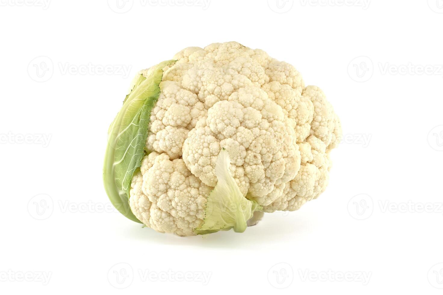 A vibrant cauliflower, captured in a studio setting on a bright white backdrop. photo