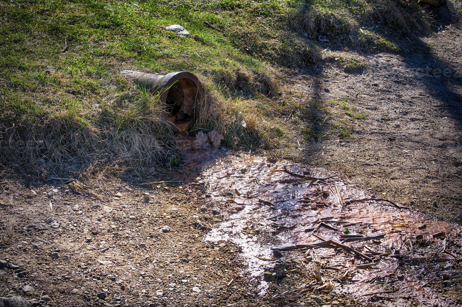 Polluted Water Flowing From a Rusty Drain Pipe Into Contaminated Soil in a Rural Outdoor Environment photo