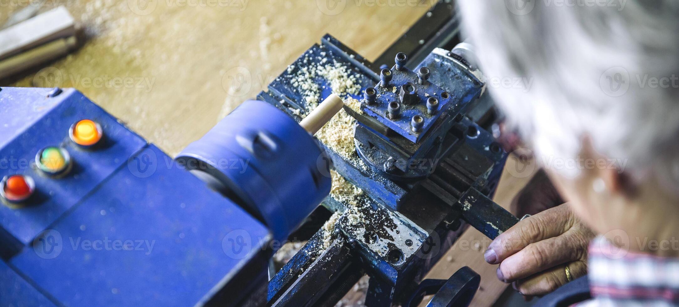 Top view of wooden lathe in carpentry photo