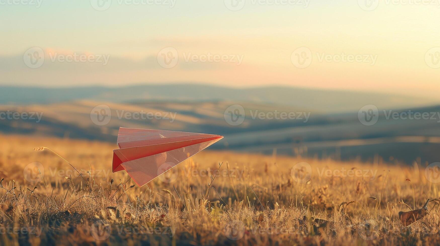 A paper airplane is flying in the middle of a field photo