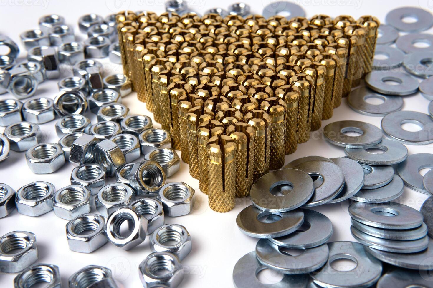 Steel anchor bolts on white background , Equipment for construction. photo