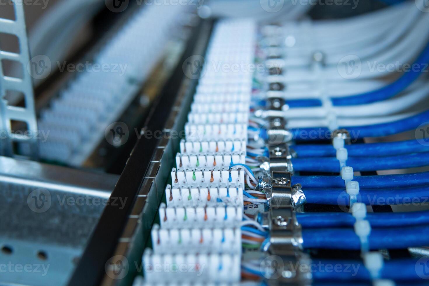 Network installation. Network cable on a network HUB. lan cable management photo