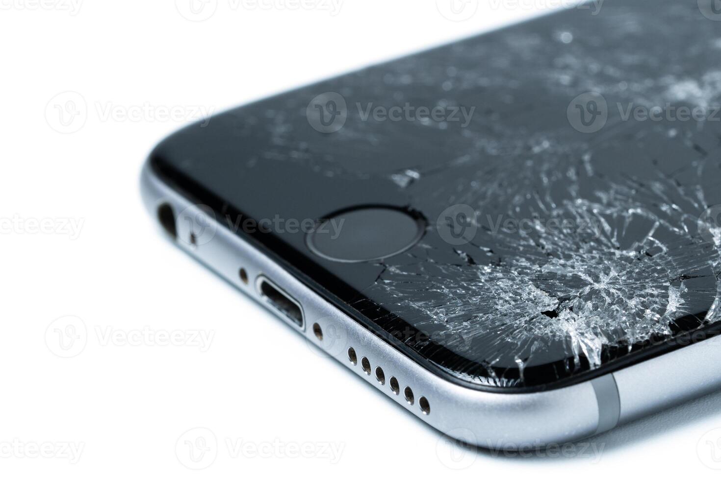 Smartphone drop to the floor and screen damage broken isolated on white background. photo