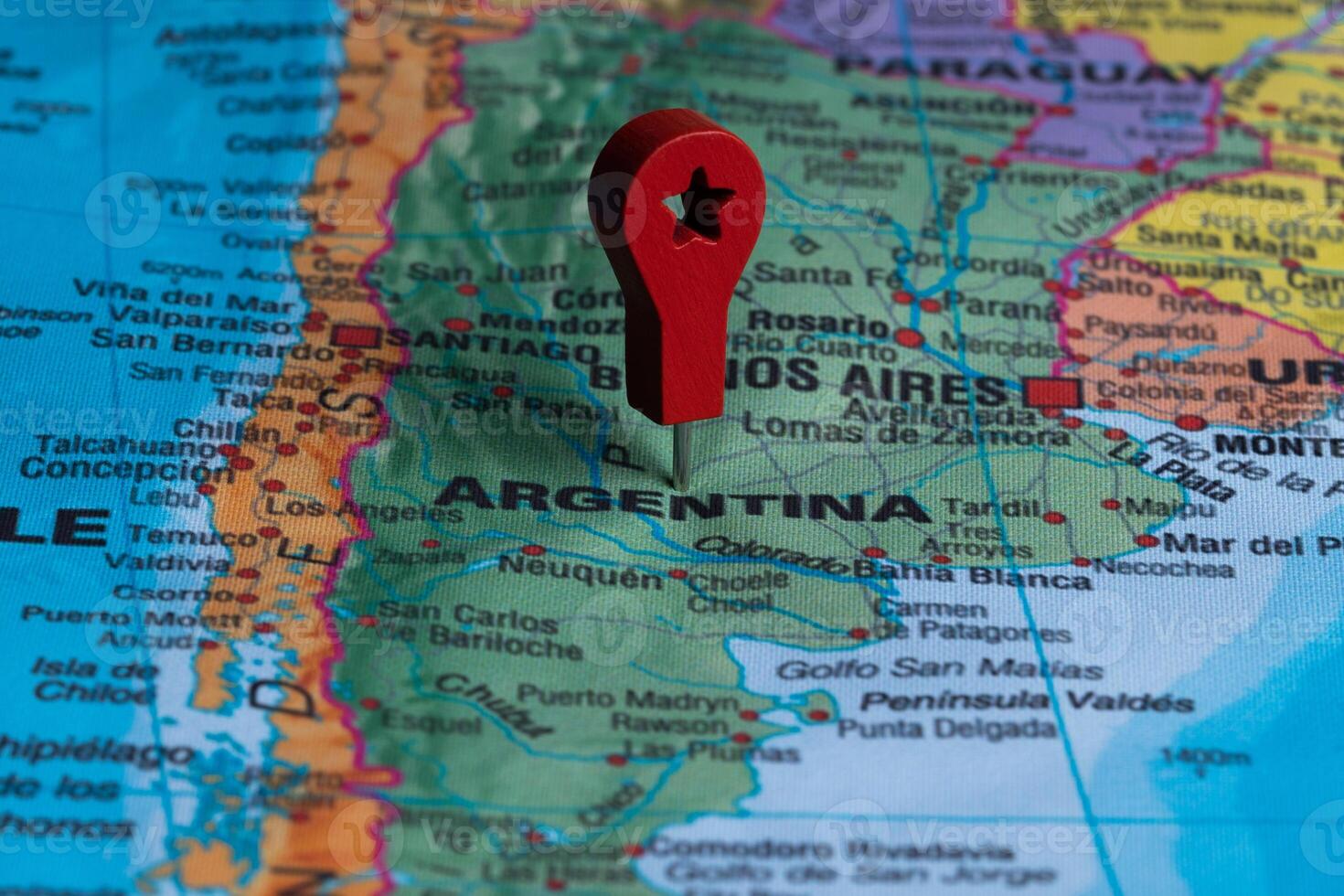 Red pin, point on the map of Argentina. Concept travel background. photo