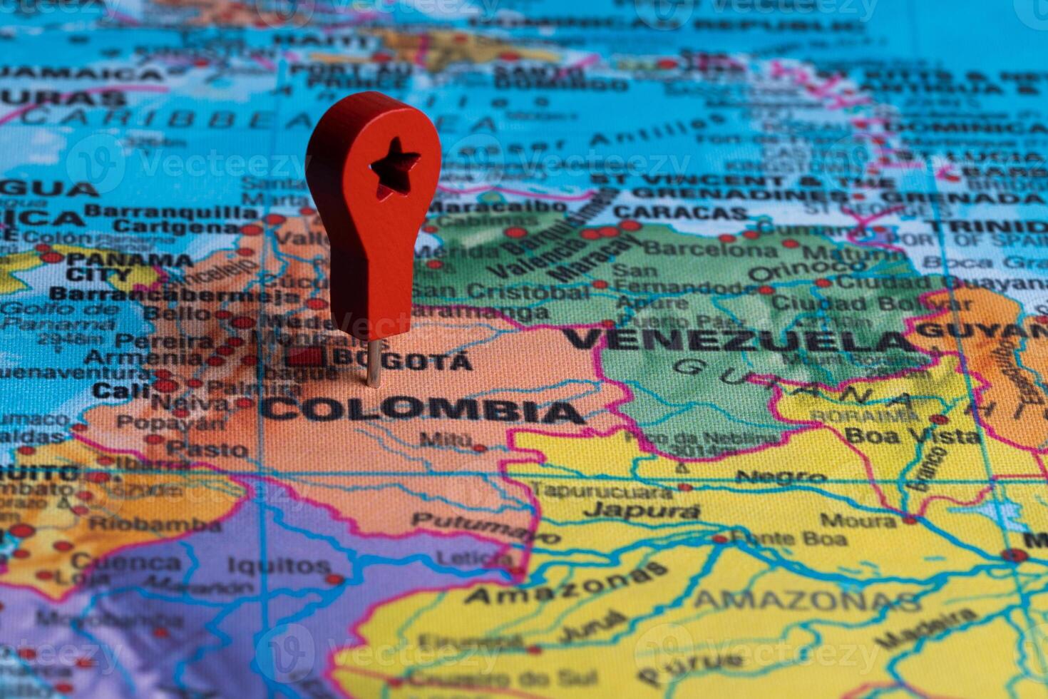 Red pin, point on the map of Colombia. Concept travel background. photo