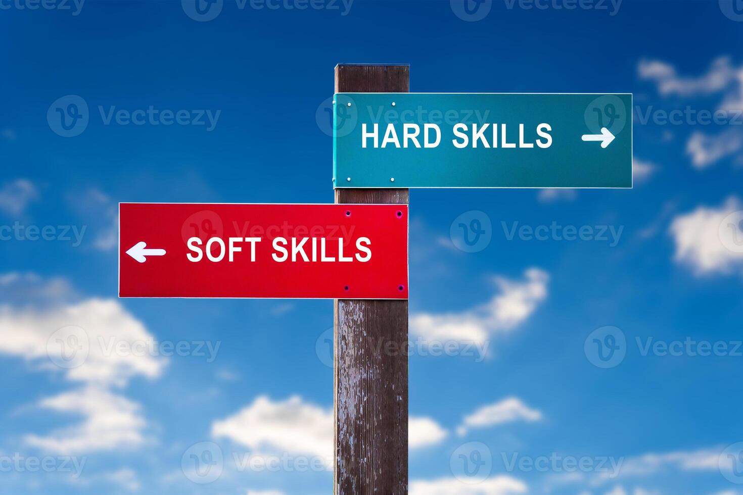 Hard Skills versus Soft Skills - Road sign with two options. photo