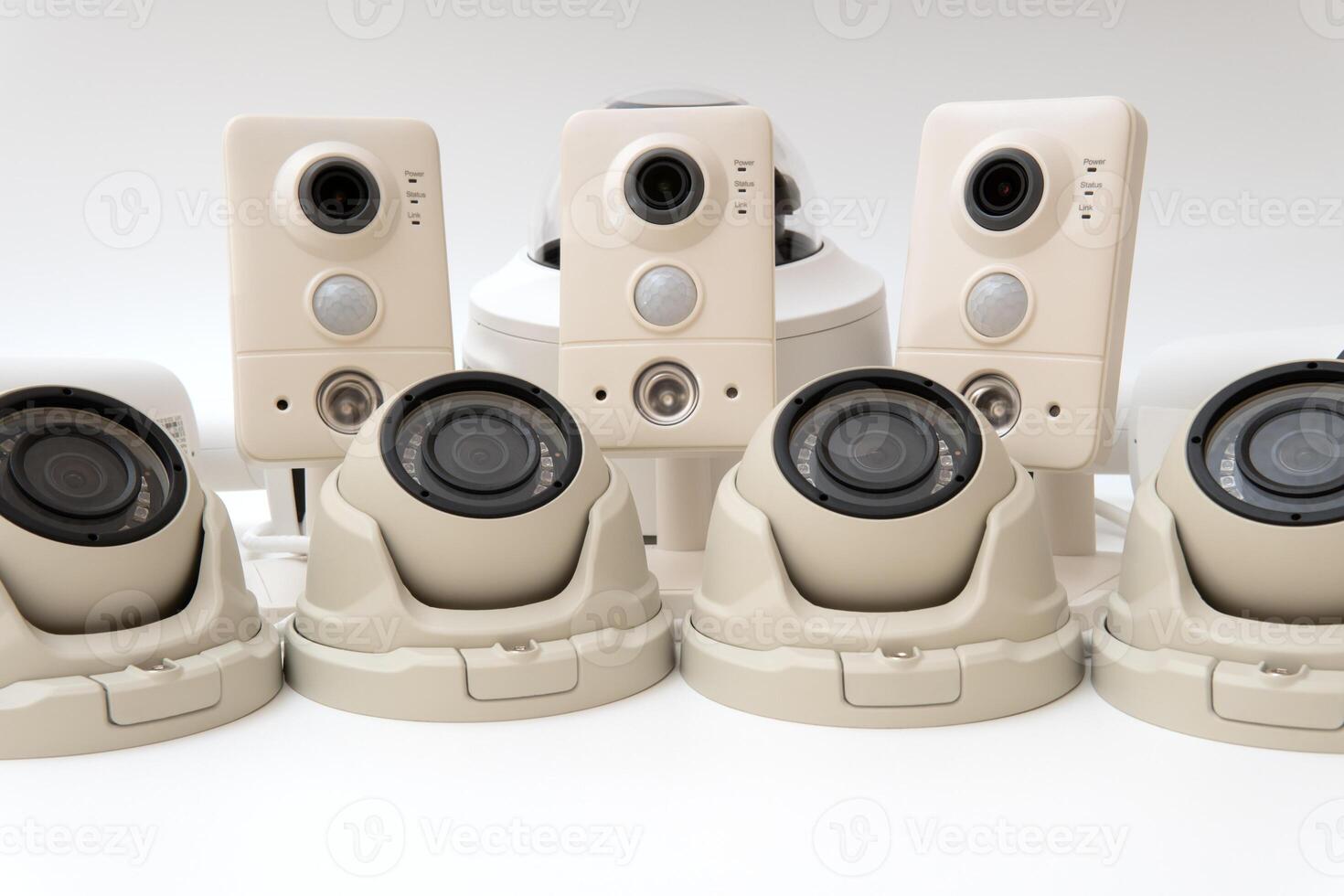 Set of modern public CCTV camera isolated on white background. Intelligent recording cameras for monitoring all day and night. Concept of surveillance and monitoring photo