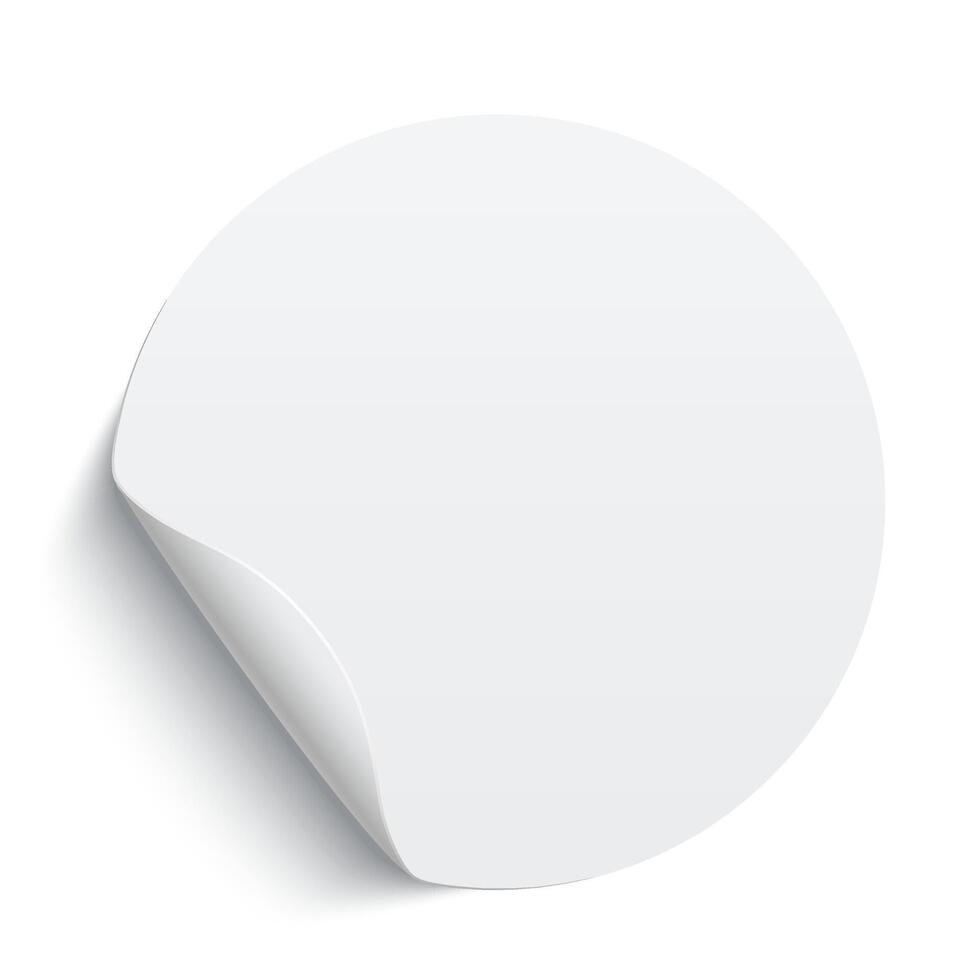 Blank circle sticker with curl illustration. White rounded sticker with curved edge vector