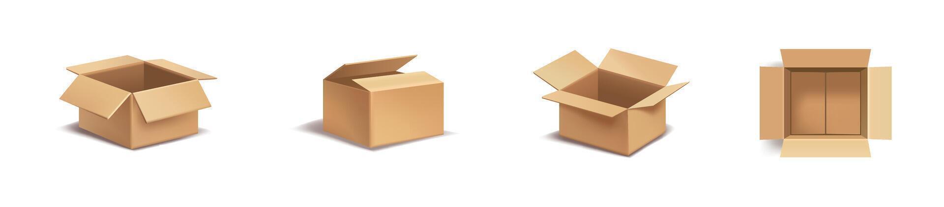 Cardboard box opened in different angles illustration collection. Multiple perspective packaging vector