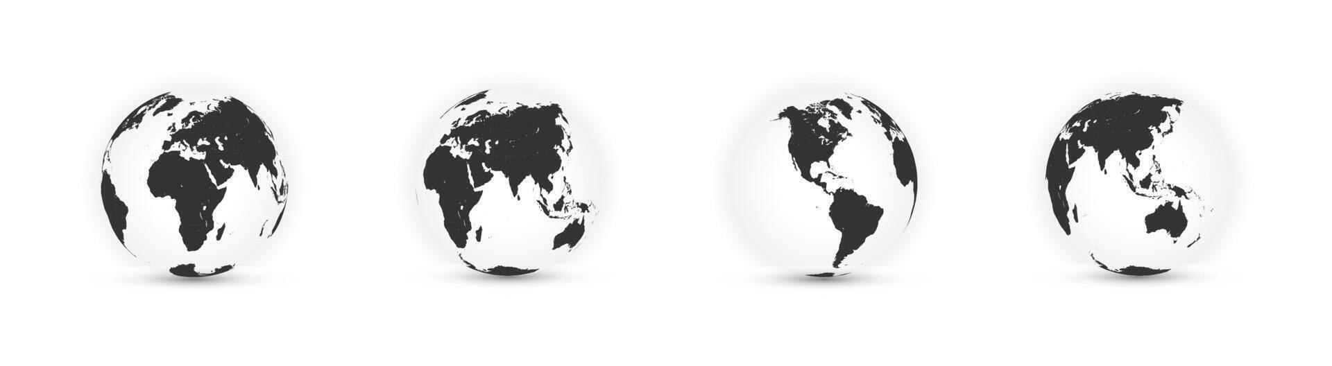 Globe black continents silhouette collection. Black continent silhouettes on globes vector
