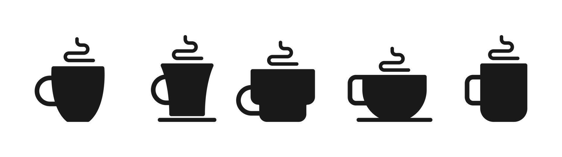Cup with hot drink flat icon set. Tea and coffee mug with steam symbols vector