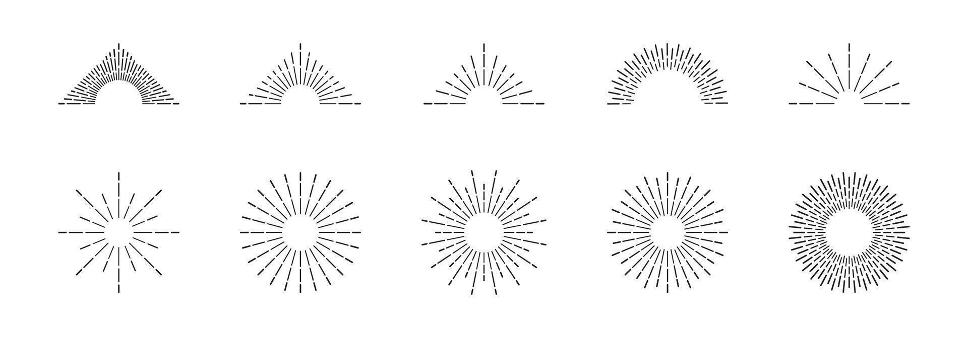 Sunburst lines collection. Radial light beams illustration set. vector