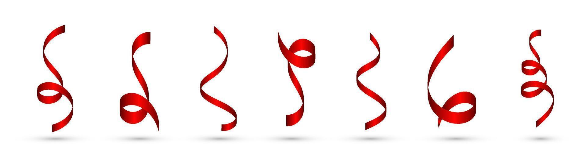 Red festive ribbon curled collection. Ribbons festive decoration. vector