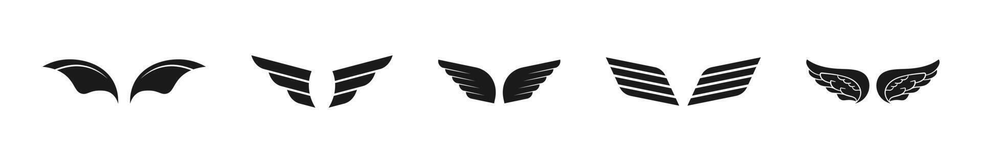 Wings symbolic flat black icon set. Stylized black wing symbols collection vector