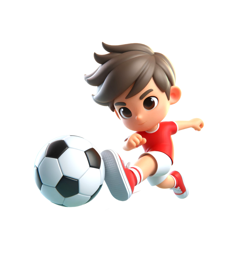 Cartoon boy soccer player kicks ball with energy. Youth sports illustration. png