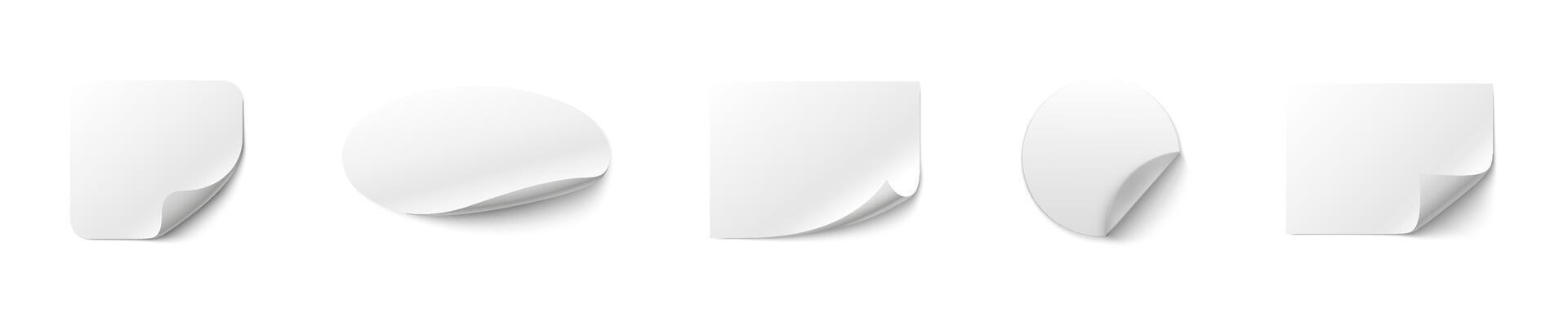 White blank sticker with curl illustration set. Curled white sticker mockups vector