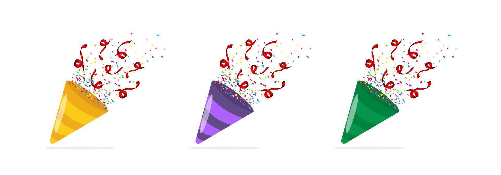 Confetti party cracker popping set. Celebratory confetti and party poppers collection vector