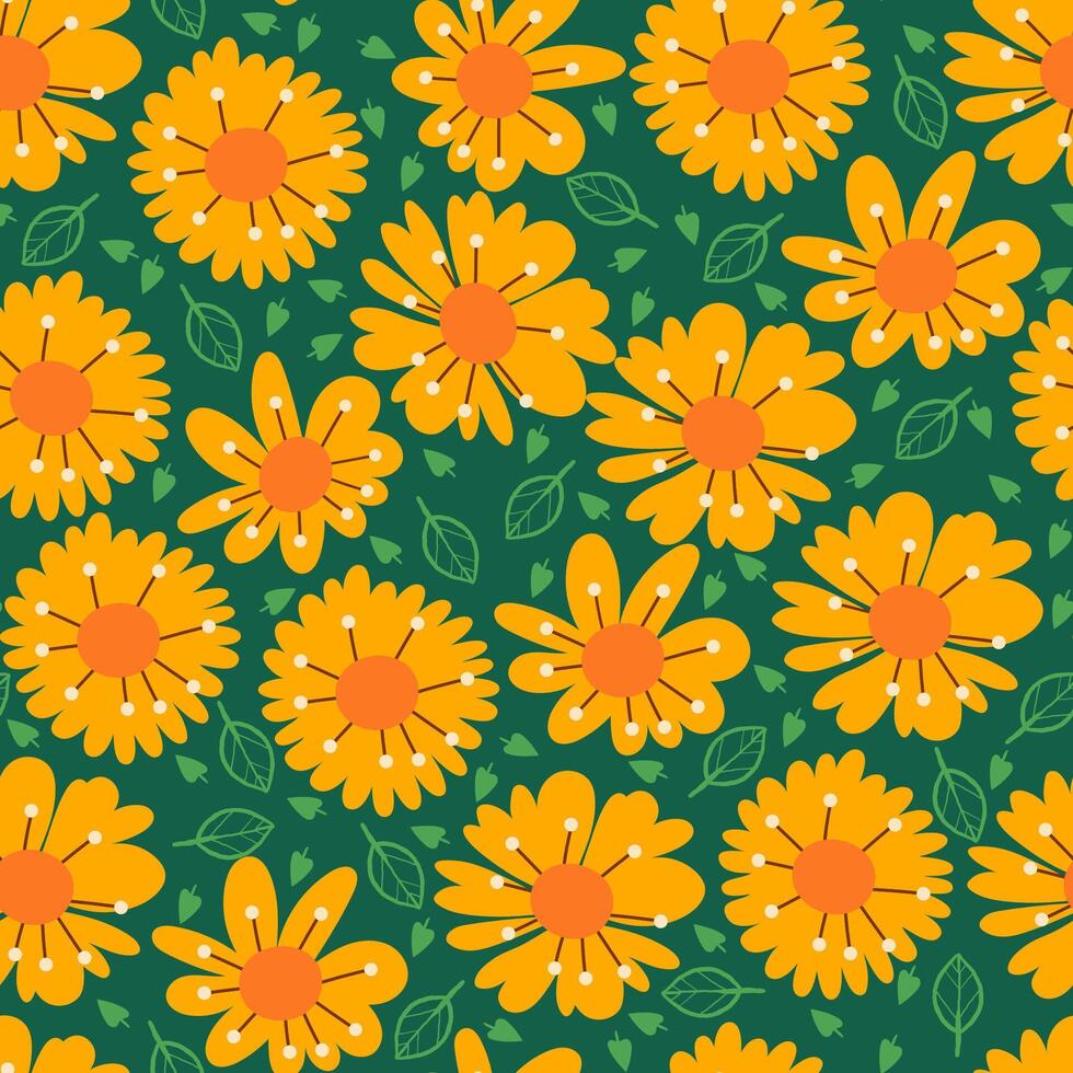 Yellow Flower Seamless Pattern with Cute Nature Wild Field Florals and Leaves Isolated on Green Background. Doodle quirky summer and spring plants. Feminine repeatable backdrop perfect for fashion vector