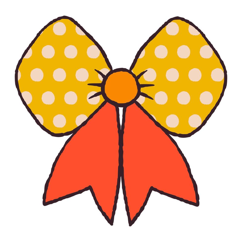 Red and Yellow Bow in Hand Drawn Retro Style Isolated on White Background. Vintage ribbon. Cute funny bowknot perfect for Holiday events, cards, posters, patterns, gifts vector
